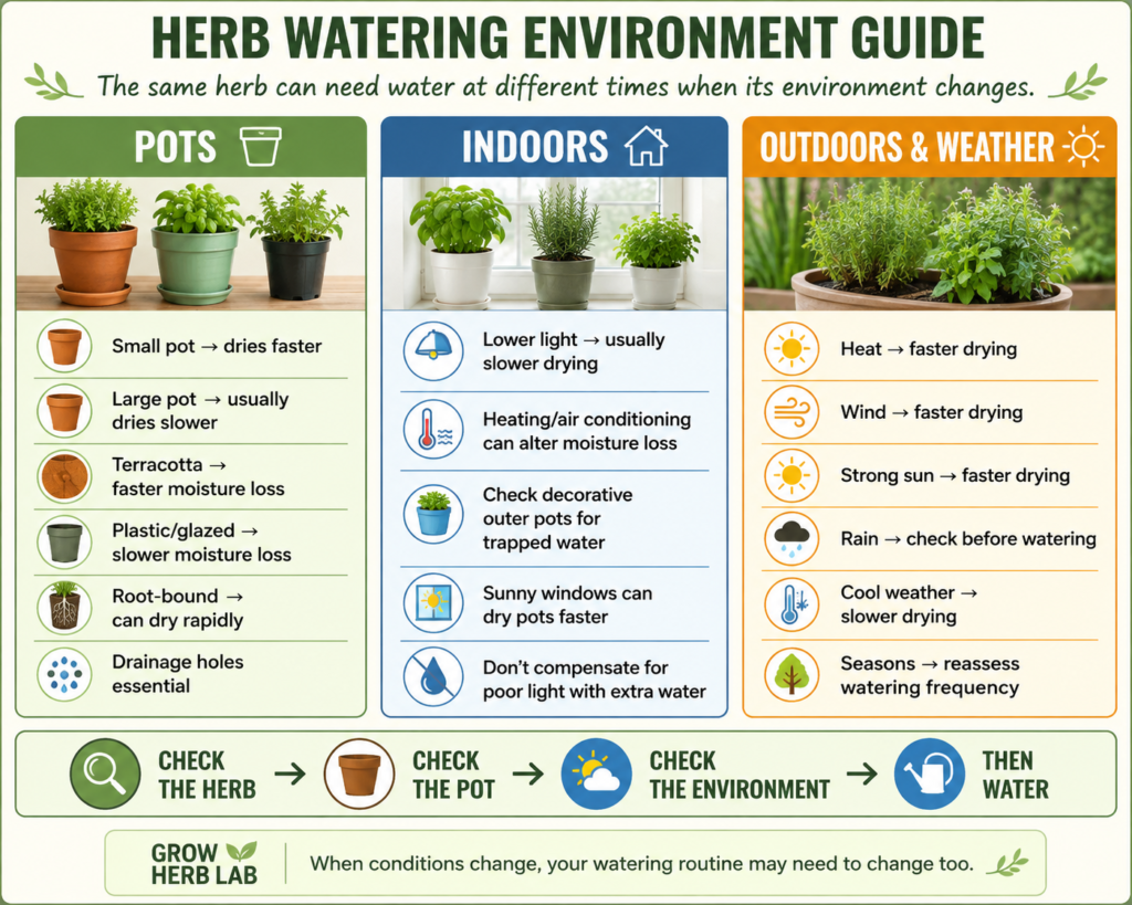 Herb watering environment guide comparing how pots, indoor conditions and outdoor weather affect how quickly herbs need water