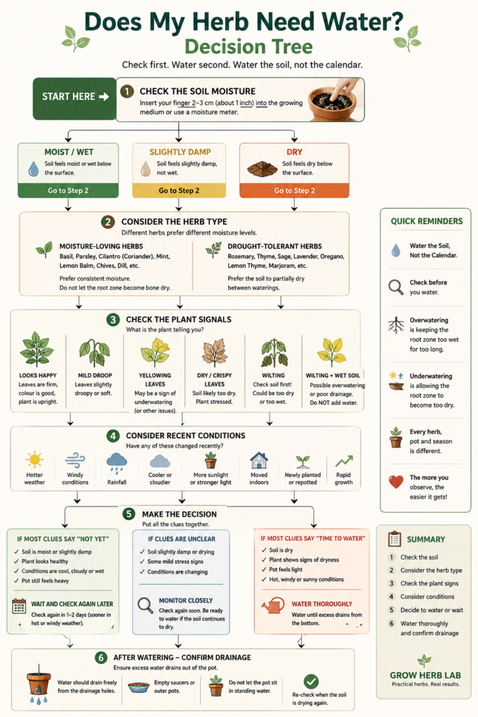 Decision tree showing how to decide when herbs need water by checking soil moisture, herb type, plant signs and growing conditions.