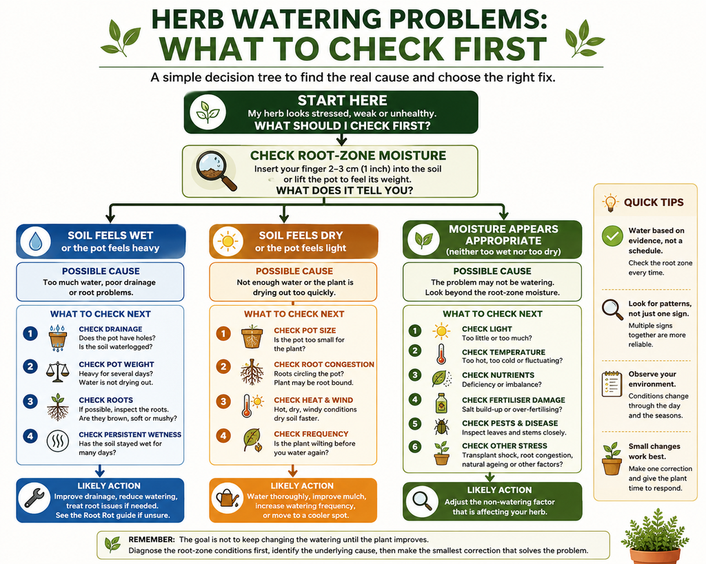 Herb watering problems decision tree showing what to check first when soil is wet, dry or appropriately moist