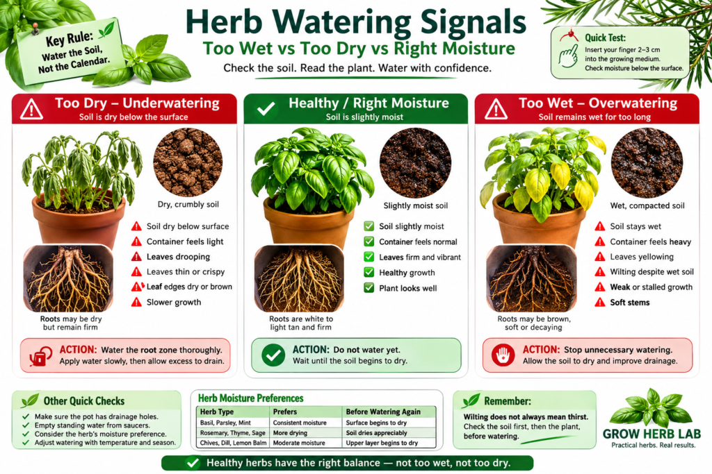 Herb watering signals comparing underwatered, healthy and overwatered herbs using soil, leaves, roots and plant symptoms