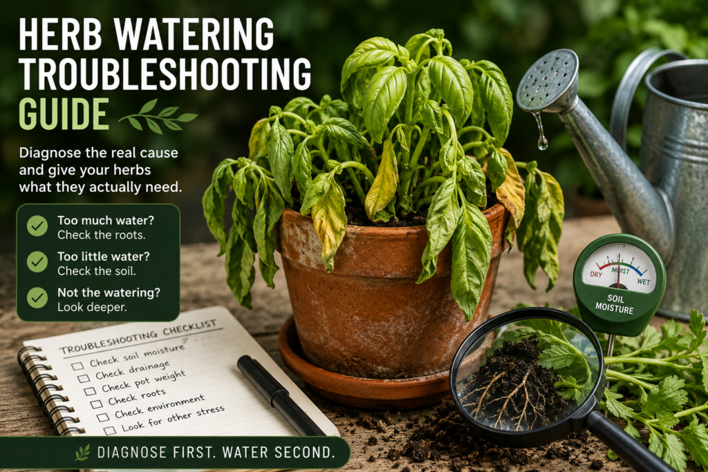 Wilted potted herb being checked for watering, drainage and root problems