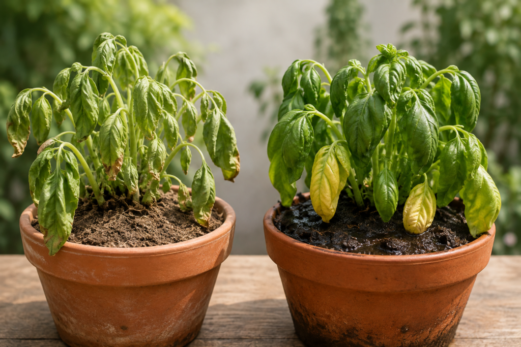 Overwatered and underwatered herbs showing different soil and leaf symptoms