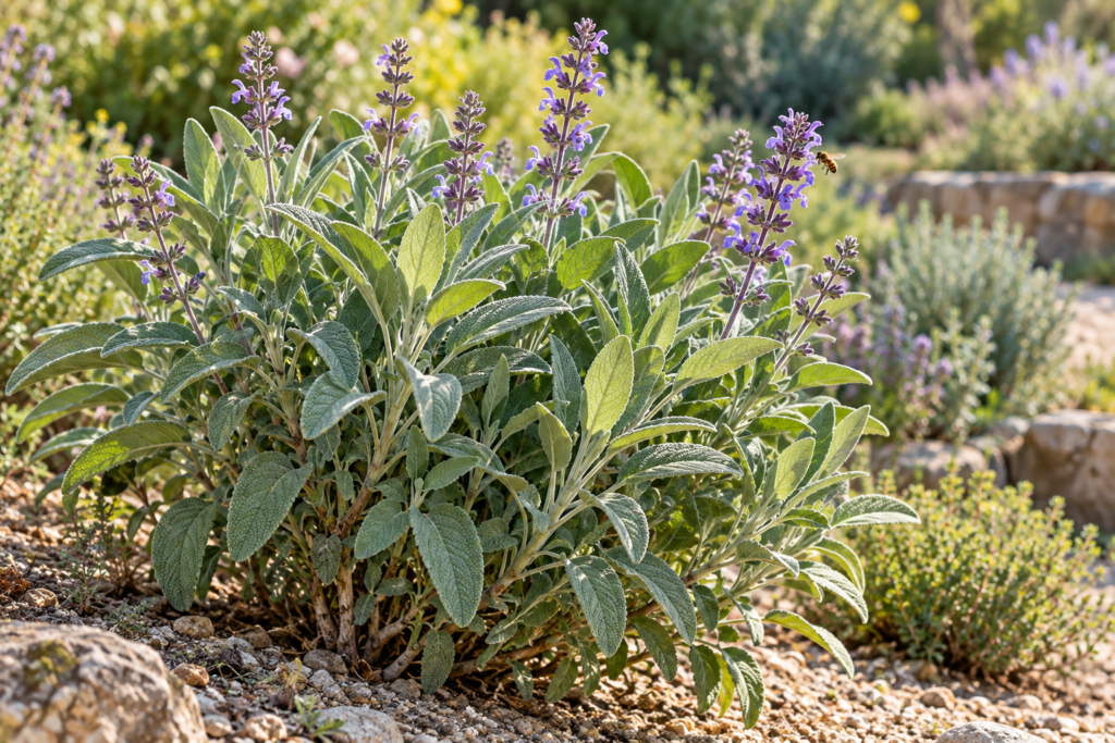 Mature common sage plant with silvery-green leaves and purple flowers growing in a sunny, free-draining herb garden