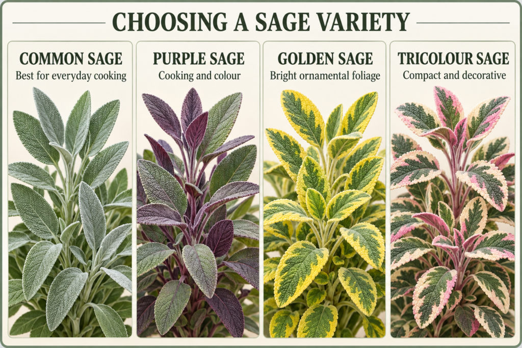 Comparison of common, purple, golden and tricolour sage varieties showing their foliage and best uses