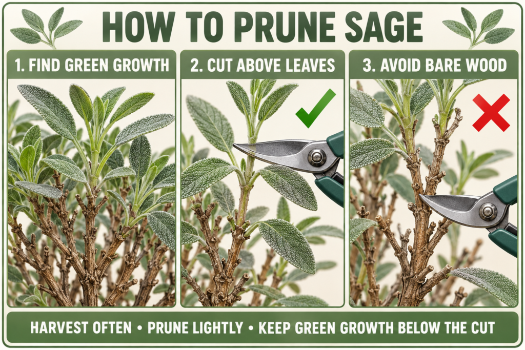 Three-step Sage pruning guide showing green growth, a correct cut above leaves and the mistake of cutting into bare woody stems
