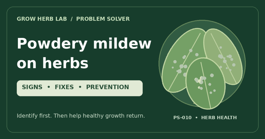 Illustrated herb leaves beneath the title Powdery mildew on herbs: signs, fixes and prevention.