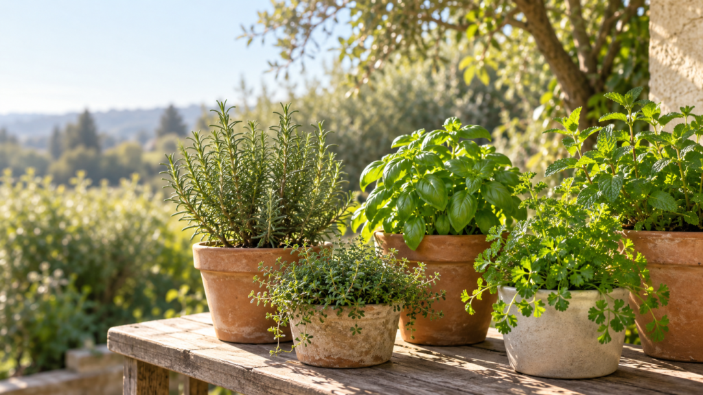 Potted rosemary, thyme, basil, parsley and mint on a garden bench in morning sunlight.