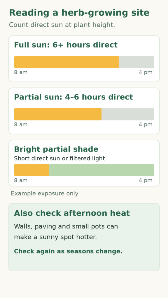Illustrated guide comparing full sun, partial sun and bright partial shade with example daylight bars, plus a reminder to check afternoon heat.