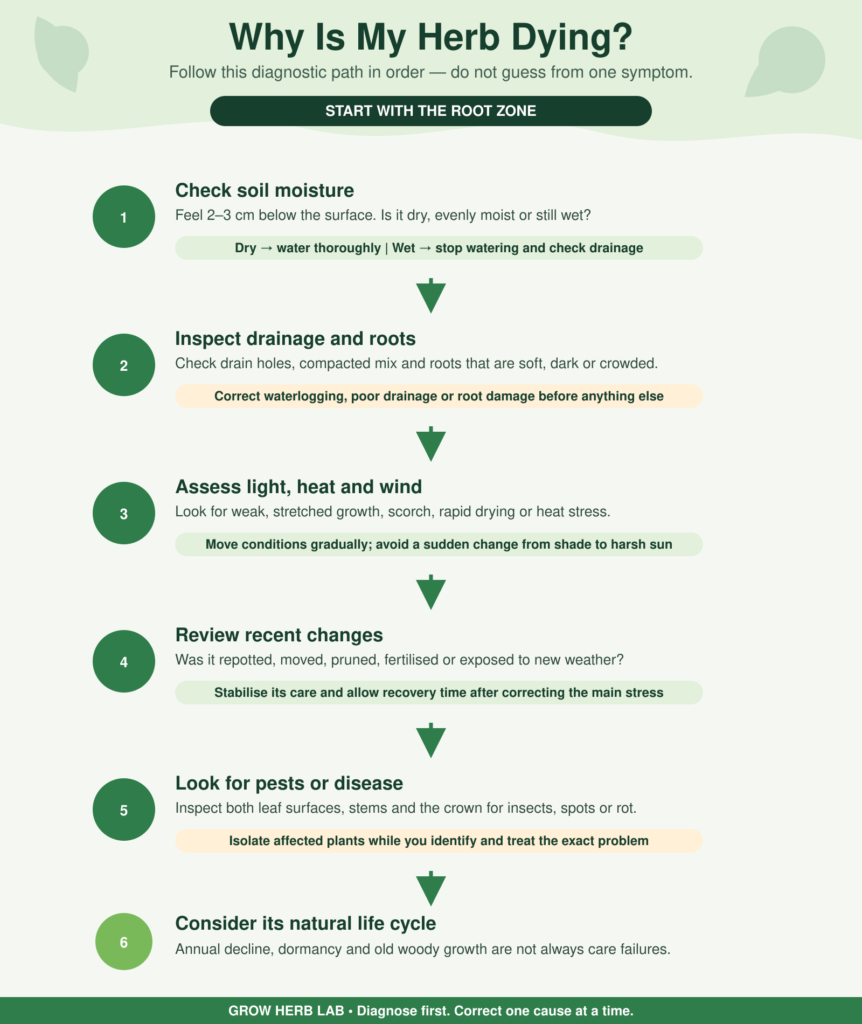 Why your herbs keep dying diagnostic flowchart showing checks for soil moisture, drainage, roots, light, recent changes, pests and natural life cycle.