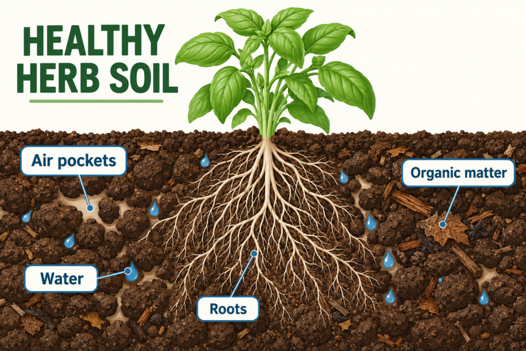 Healthy herb soil cross-section showing roots growing among air pockets, water and organic matter.
