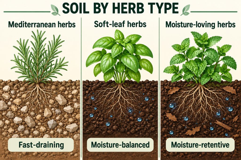 Comparison of fast-draining soil for Mediterranean herbs, moisture-balanced soil for soft-leaf herbs and moisture-retentive soil for moisture-loving herbs.