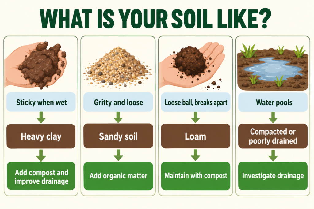 Soil decision guide comparing heavy clay, sandy soil, loam and compacted or poorly drained soil with practical improvement actions.
