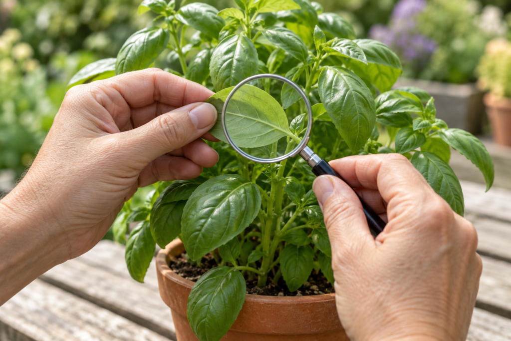 Hands inspecting the underside of a basil leaf with a small hand magnifier beside a potted herb.