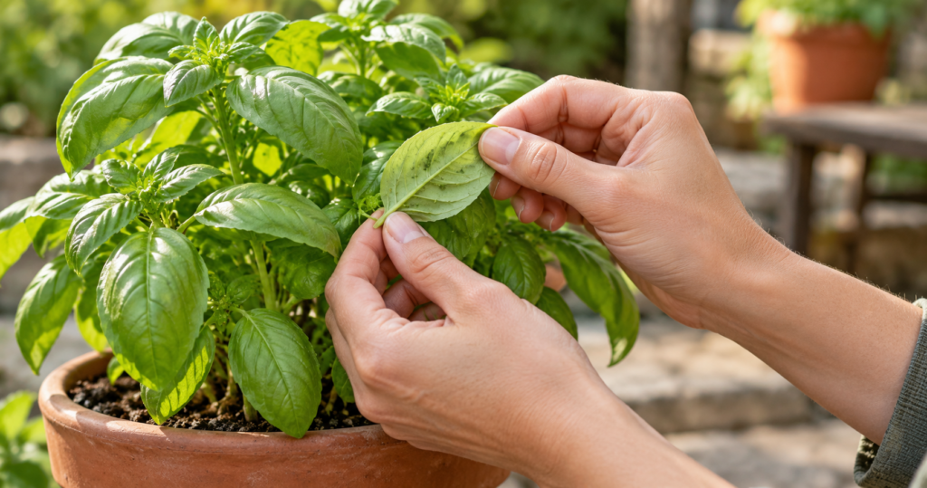 Hands inspecting the underside of a basil leaf on a potted herb.