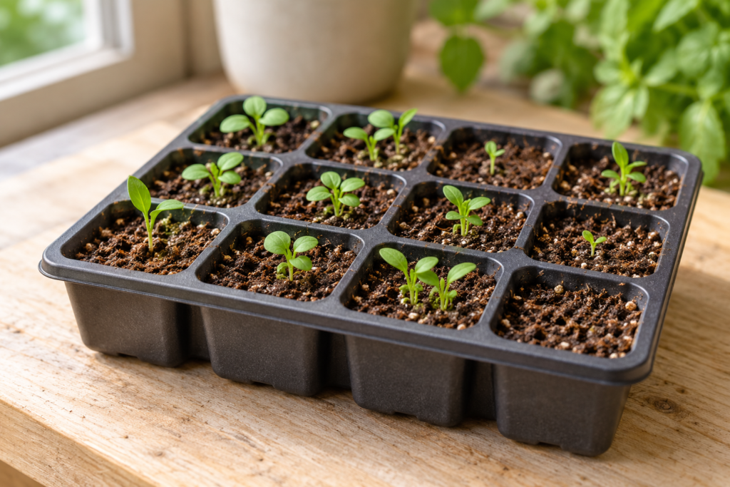Small herb seedlings emerging from fine seed-starting medium in a seed tray.