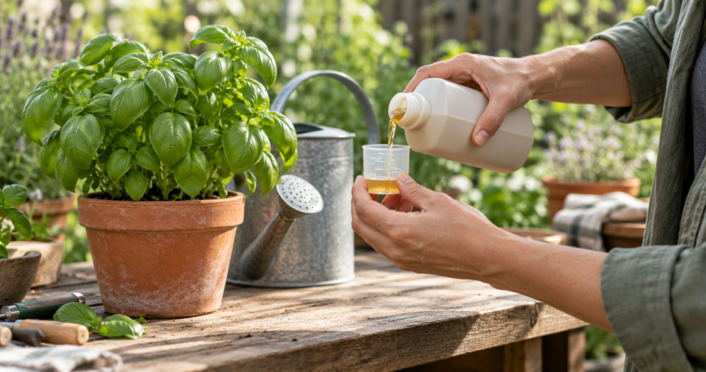 Hands pouring liquid plant feed into a measuring cup beside a potted basil plant and watering can.
