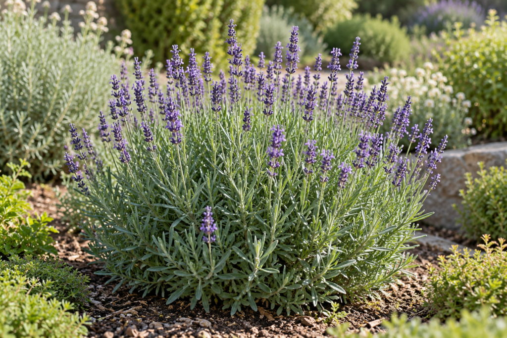English lavender with narrow grey-green leaves and purple flower spikes in a sunny garden.