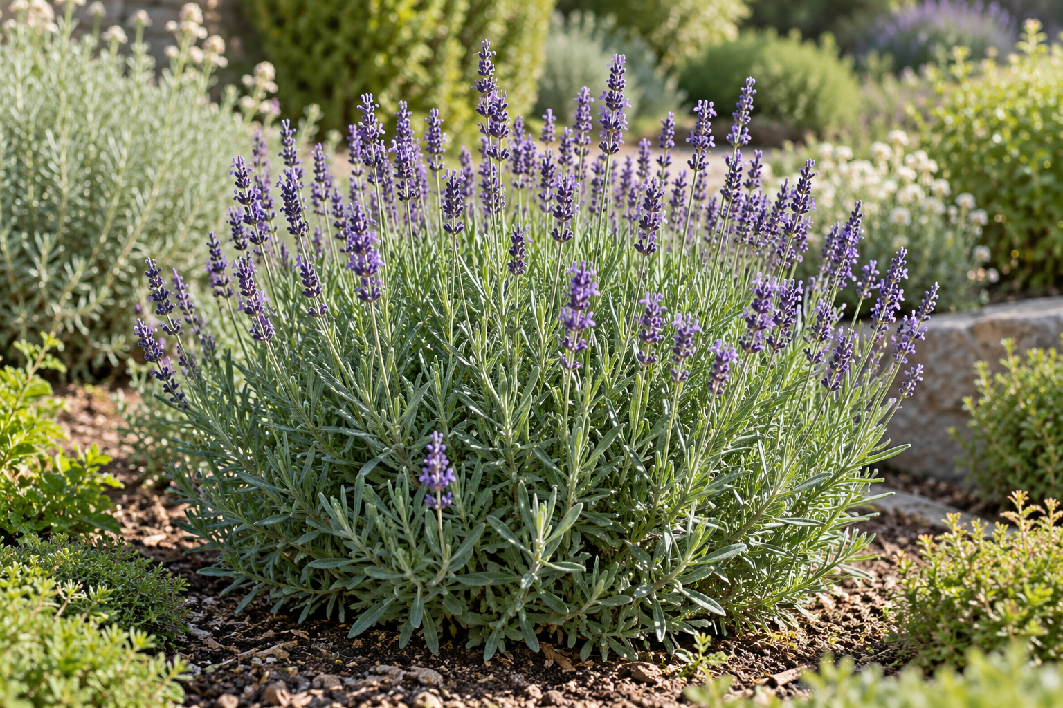 English lavender with narrow grey-green leaves and purple flower spikes in a sunny garden.