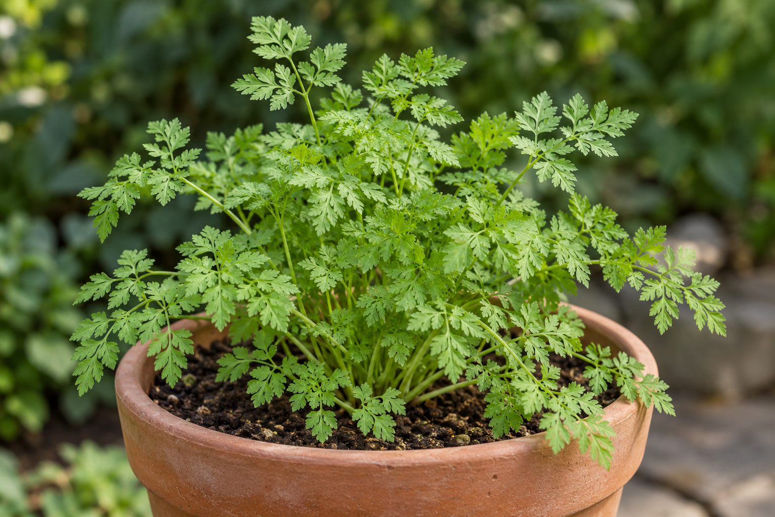 Culinary chervil growing in a pot, with finely divided light green leaves.