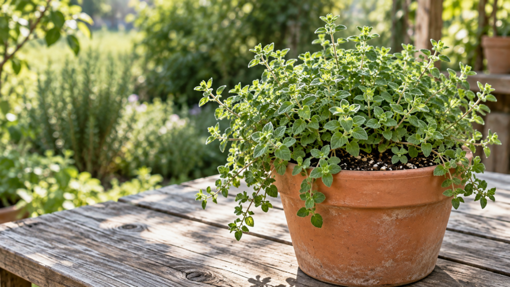 Healthy oregano growing in a terracotta pot in a bright outdoor position.